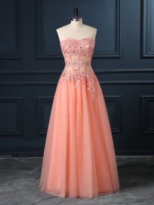 Sexy Floor Length Orange Homecoming Dress Tulle Sleeveless Lace and Appliques