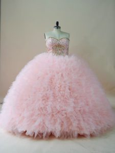 Exceptional Brush Train Ball Gowns Vestidos de Quinceanera Baby Pink Sweetheart Tulle Sleeveless Lace Up