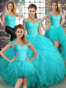 Sleeveless Floor Length Beading and Ruffles Lace Up Sweet 16 Quinceanera Dress with Aqua Blue