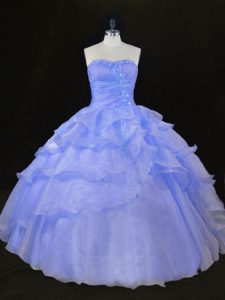 Charming Blue and Lavender Ball Gowns Ruffles and Hand Made Flower 15th Birthday Dress Lace Up Organza Sleeveless Floor Length