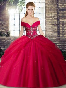 Fantastic Off The Shoulder Sleeveless Brush Train Lace Up Quince Ball Gowns Red Tulle