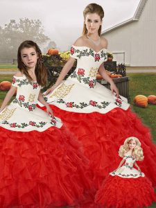 Floor Length Ball Gowns Sleeveless White And Red 15th Birthday Dress Lace Up