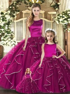 Fuchsia Sleeveless Floor Length Ruffles Lace Up Sweet 16 Dresses
