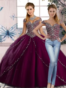 Dramatic Purple Tulle Lace Up Sweetheart Cap Sleeves Quinceanera Dresses Brush Train Beading