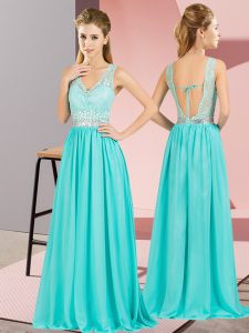 Clearance Aqua Blue Backless V-neck Beading and Lace and Appliques Homecoming Dress Chiffon Sleeveless