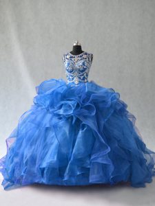 Floor Length Lace Up Quinceanera Gowns Blue for Quinceanera with Beading and Ruffles