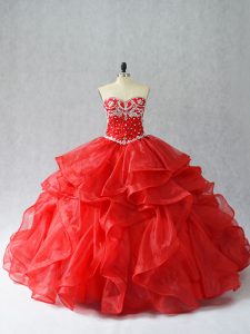 Shining Organza Sweetheart Sleeveless Lace Up Beading and Ruffles Sweet 16 Quinceanera Dress in Red