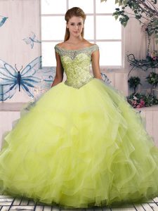 Discount Floor Length Lace Up Quinceanera Gown Yellow Green for Sweet 16 and Quinceanera with Beading and Ruffles