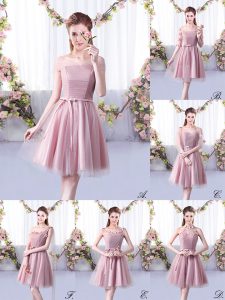 Sleeveless Knee Length Belt Lace Up Dama Dress for Quinceanera with Pink