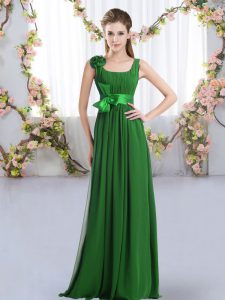 Floor Length Dark Green Quinceanera Court of Honor Dress Chiffon Sleeveless Belt and Hand Made Flower