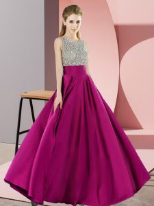 Excellent Fuchsia Empire Elastic Woven Satin Scoop Sleeveless Beading Floor Length Backless Dress for Prom