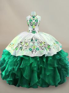 Dark Green Lace Up Halter Top Embroidery 15th Birthday Dress Organza Sleeveless
