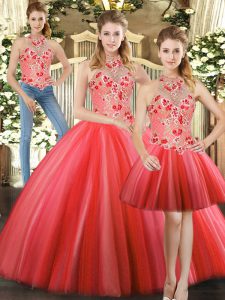 Smart Sleeveless Tulle Floor Length Lace Up Sweet 16 Dress in Red with Embroidery