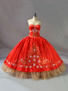 Red Sweetheart Neckline Embroidery Ball Gown Prom Dress Sleeveless Lace Up