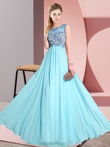 Sexy Aqua Blue Sleeveless Floor Length Beading and Appliques Backless Quinceanera Court of Honor Dress