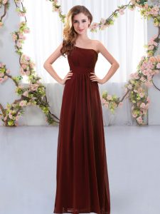 Stunning One Shoulder Sleeveless Dama Dress for Quinceanera Floor Length Ruching Brown Chiffon