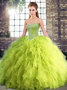 Yellow Green Ball Gowns Tulle Sweetheart Sleeveless Beading and Ruffles Floor Length Lace Up Ball Gown Prom Dress