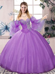 Shining Lavender Long Sleeves Floor Length Beading Lace Up Sweet 16 Quinceanera Dress