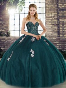 Peacock Green Sweet 16 Quinceanera Dress Military Ball and Sweet 16 and Quinceanera with Beading and Appliques Sweetheart Sleeveless Lace Up