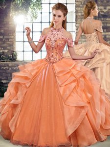 Best Orange Lace Up Halter Top Beading and Ruffles Vestidos de Quinceanera Organza Sleeveless