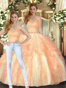 Luxurious Orange Two Pieces Beading and Ruffles Sweet 16 Dress Lace Up Organza Sleeveless Floor Length