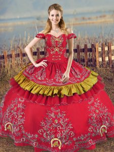 Custom Design Red Ball Gowns Embroidery Quinceanera Gown Lace Up Satin and Organza Sleeveless Floor Length