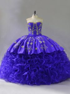 Purple Ball Gowns Sweetheart Sleeveless Fabric With Rolling Flowers Floor Length Brush Train Lace Up Embroidery and Ruffles Quinceanera Gown
