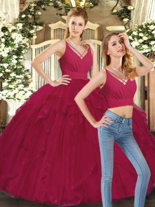 Floor Length Red 15 Quinceanera Dress V-neck Sleeveless Lace Up