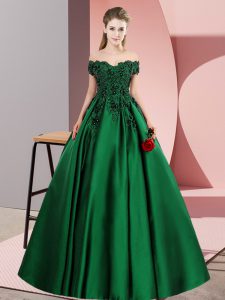Hot Selling Green A-line Satin Off The Shoulder Sleeveless Lace Floor Length Zipper Quinceanera Gown