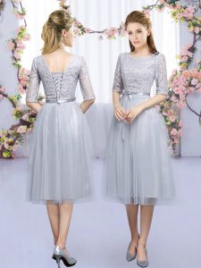 Fabulous Grey Lace Up Scoop Lace and Belt Dama Dress for Quinceanera Tulle Half Sleeves