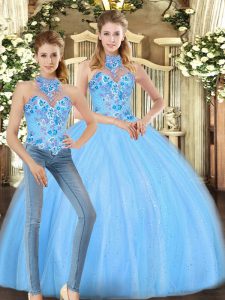 Tulle Halter Top Sleeveless Lace Up Embroidery Sweet 16 Dress in Baby Blue