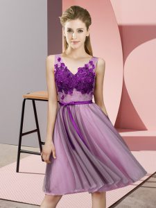 Affordable Lilac Sleeveless Appliques Knee Length Quinceanera Dama Dress