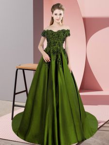 Unique Off The Shoulder Sleeveless Vestidos de Quinceanera Floor Length Lace Olive Green Satin