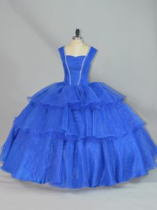 Fitting Organza Straps Sleeveless Lace Up Beading and Ruffled Layers Ball Gown Prom Dress in Blue