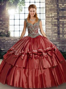 Sleeveless Floor Length Beading and Ruffled Layers Lace Up Sweet 16 Dress with Rust Red