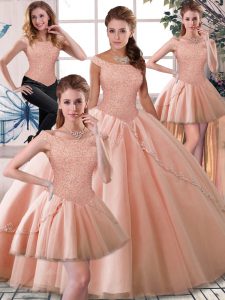 Sweet Peach Ball Gowns Tulle Off The Shoulder Sleeveless Beading Lace Up Sweet 16 Dresses Brush Train