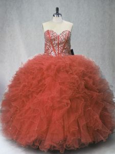 Rust Red Sleeveless Beading and Ruffles Floor Length 15 Quinceanera Dress