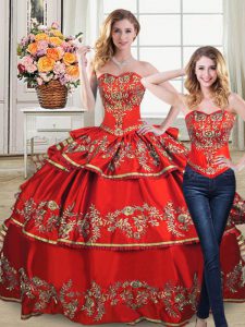 Two Pieces Vestidos de Quinceanera Red Sweetheart Satin and Organza Sleeveless Floor Length Lace Up