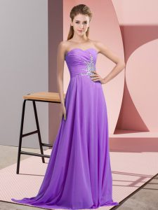 Enchanting Sleeveless Chiffon Floor Length Prom Dress in Lavender with Beading and Ruching