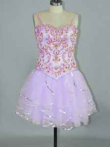 Tulle Spaghetti Straps Sleeveless Lace Up Beading and Ruffles Prom Evening Gown in Lavender