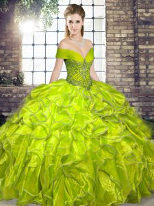 Olive Green Sweet 16 Quinceanera Dress Military Ball and Sweet 16 and Quinceanera with Beading and Ruffles Off The Shoulder Sleeveless Lace Up