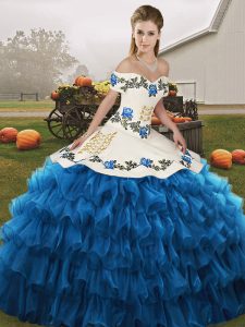 Ball Gowns Quinceanera Dresses Blue And White Off The Shoulder Organza Sleeveless Floor Length Lace Up
