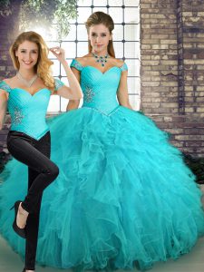 Vintage Aqua Blue Two Pieces Off The Shoulder Sleeveless Tulle Floor Length Lace Up Beading and Ruffles Quinceanera Dresses