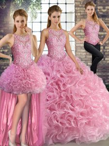 Super Sleeveless Floor Length Beading Lace Up Quinceanera Gown with Rose Pink