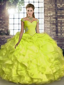 Off The Shoulder Sleeveless Quinceanera Gown Floor Length Beading and Ruffles Yellow Organza