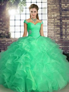 Turquoise Sleeveless Organza Lace Up Quinceanera Dresses for Military Ball and Sweet 16 and Quinceanera