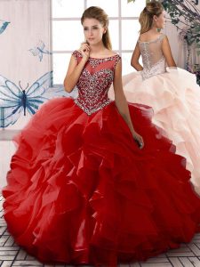 Affordable Red Sleeveless Floor Length Beading and Ruffles Zipper Quinceanera Gowns