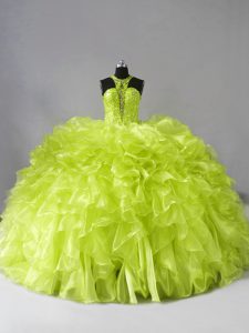 Chic Yellow Green Zipper Quince Ball Gowns Beading and Ruffles Sleeveless Brush Train