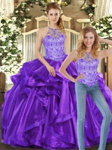 Fashionable Floor Length Purple Quinceanera Dresses Organza Sleeveless Beading and Ruffles