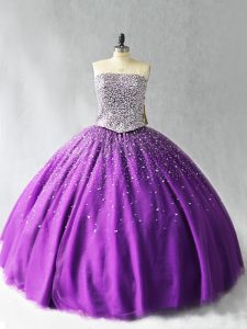 Sleeveless Organza Floor Length Lace Up Sweet 16 Quinceanera Dress in Purple with Beading